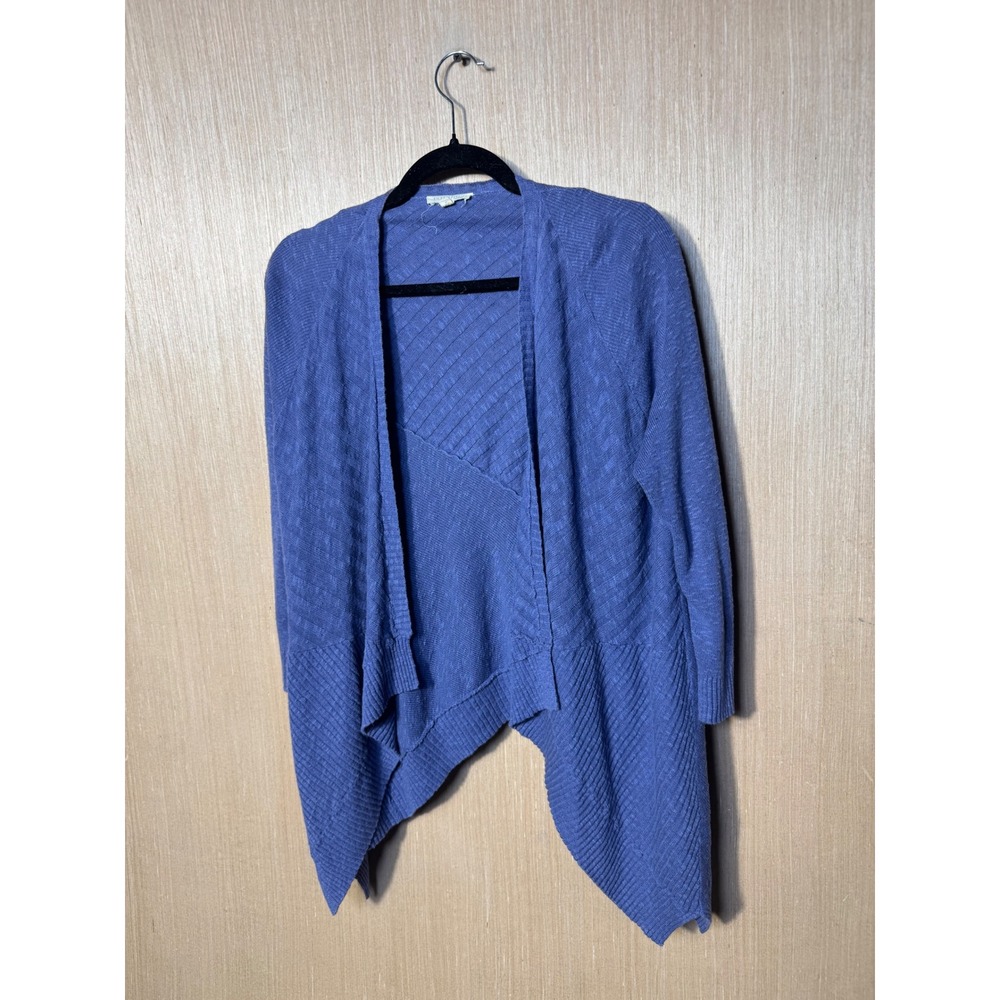 Eileen Fisher Blue Linen Cotton Open Front Cardigan XS Mixed Knit Asymmetrical